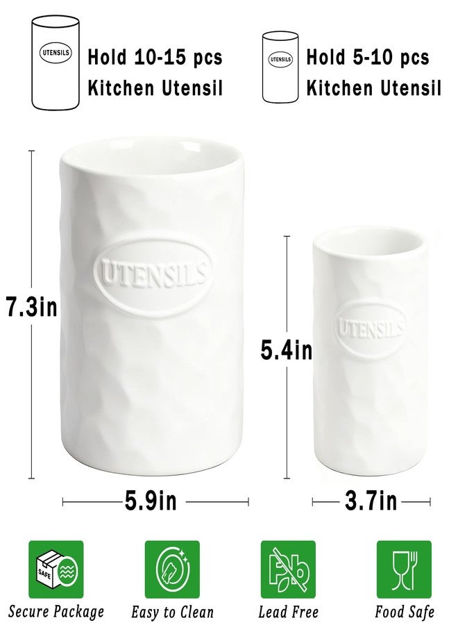 KJEC Utensil Holder, 7.3"+5.4" Ceramic Kitchen Utensil Holder Set of 2, Cooking Utensil Crocks for Countertop, Large Morden Farmhouse Utensil Vase for Housewarming, Kitchen Decor, White - Image 2